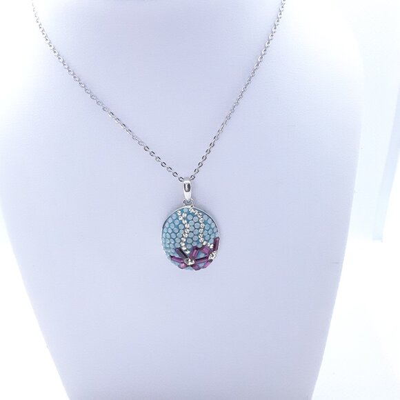 16 inch sterling silver chain and pendant auqa blue and fusha colors and cz's - Picture 2 of 9